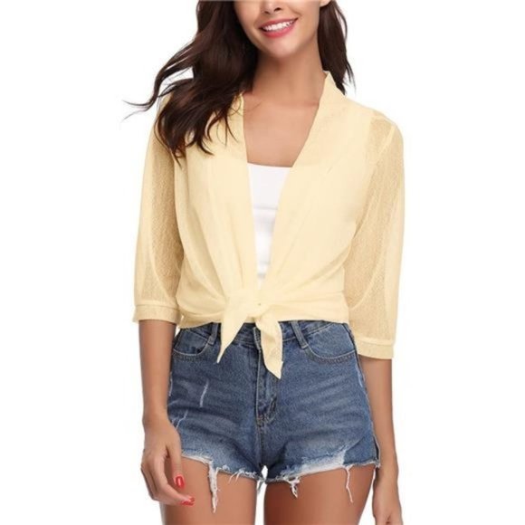New Shrug Tie Front 3/4 Sleeve Cropped Bolero Cardigan, Beige  tourism.sg.gov.lk